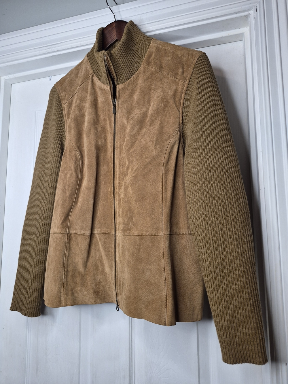 Covington Camel Suede Leather & Knit Zip-Front Jacket XL